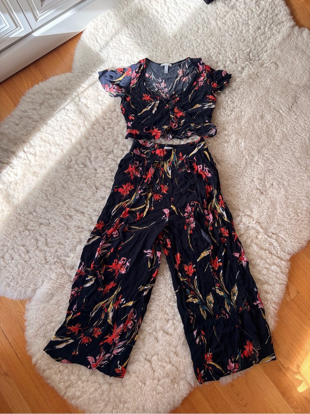 Floral Wide-Leg Jumpsuit Pants Set - Navy with Tropical Floral Print by Leith